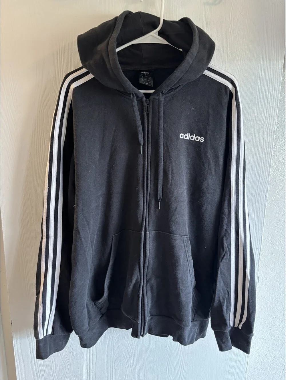Adidas Essentials Men's 3-Stripes Full-Zip Fleece Hoodie Black White Size XL